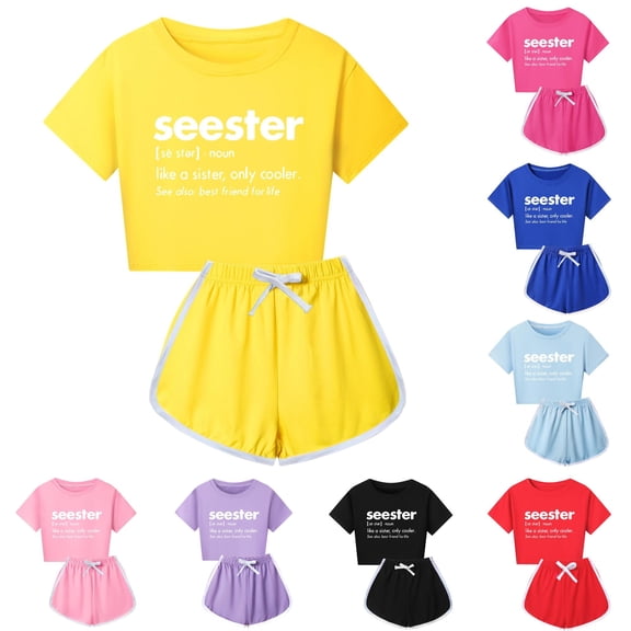 Rggeeun Girls Child Outfit Sets Letter Print Short Sleeve Crew Neck Top & Elastic Waist Loose Fit with Adjustable Tie Cropped Shorts for Summer Travel Party Trendy Set,Yellow,11-12 Years