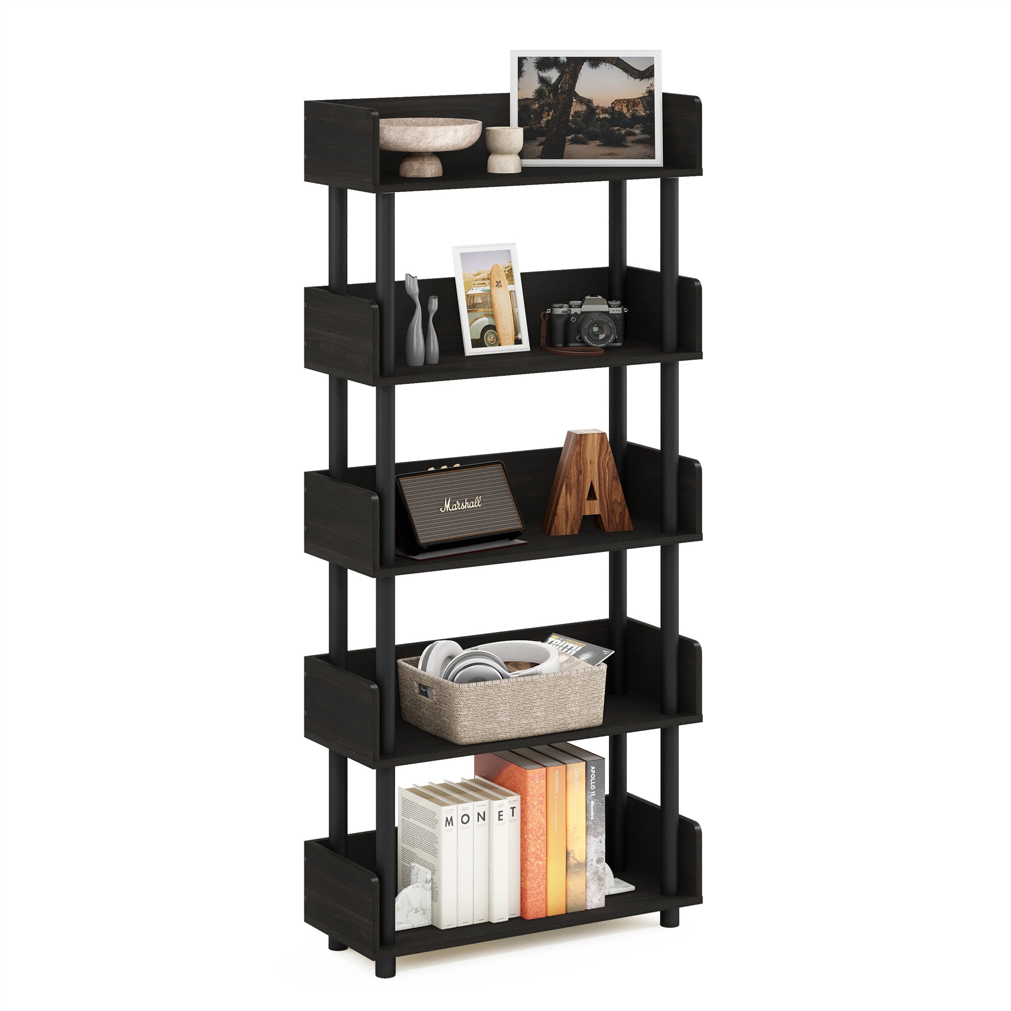 Furinno TURN-N-TUBE Book Shelf, 5-Tier Bookshelf, Bookcases, Storage Shelves with Rounded Corner Top Edges, 9.2 x 23.6 x 52.6, for Organization and Storage, Living Room, Home Office, Espresso