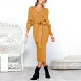 thumbnail image 5 of Women's Knit Dress Deep V Neck Long Sleeve Fall Winter Dresses Solid Tie Waist Casual Bodycon Midi Pencil Dress, 5 of 7