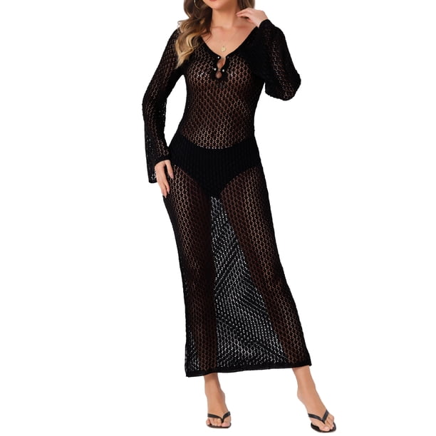 INSPIRAR CHIC Vestido de baño de ganchillo maxi negro con escote en V y mangas largas