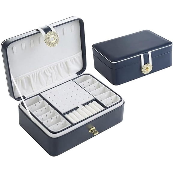 Jewelry Boxes for Women Girls, 2 Layers Leather Jewelry Organizer with Lock and Drawer, Portable Jewelry Holder for Rings Necklaces Earring Bracelets, Blue
