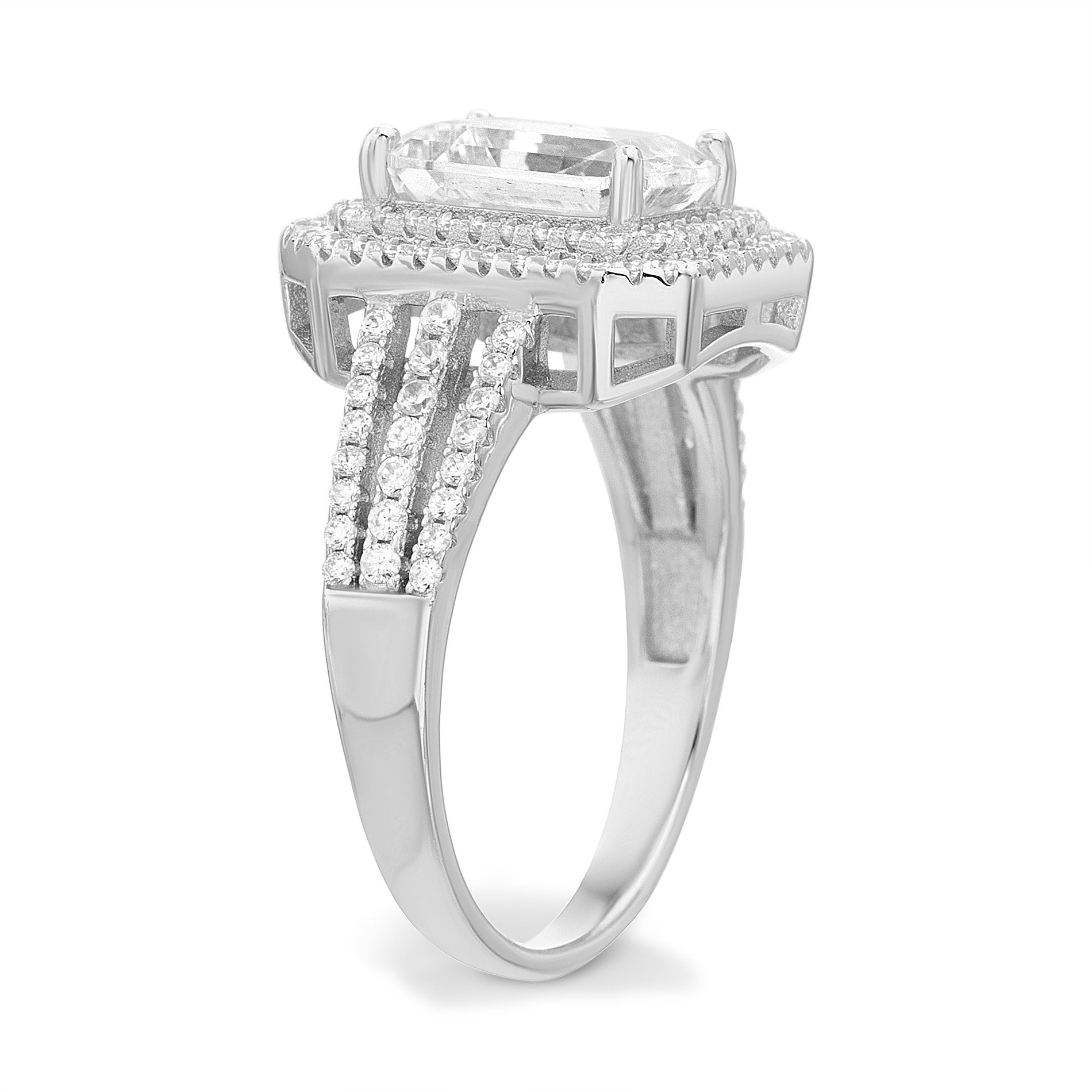 Inspired by You Emerald Cut Prong Set Cubic Zirconia Bridal Engagement Halo Ring for Women in Rhodium Plated 925 Sterling Silver