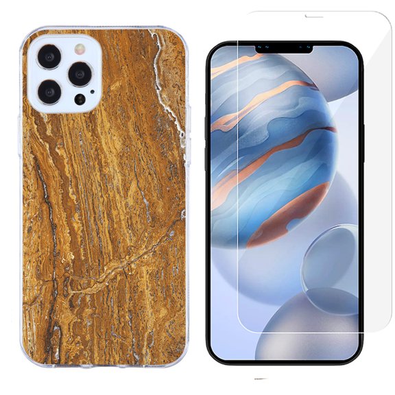 Slim-Fit Protective Phone Case compatible with iPhone 12 Pro Max, with Tempered Glass Screen Protector, by OneToughShield ® - Marble / Earth