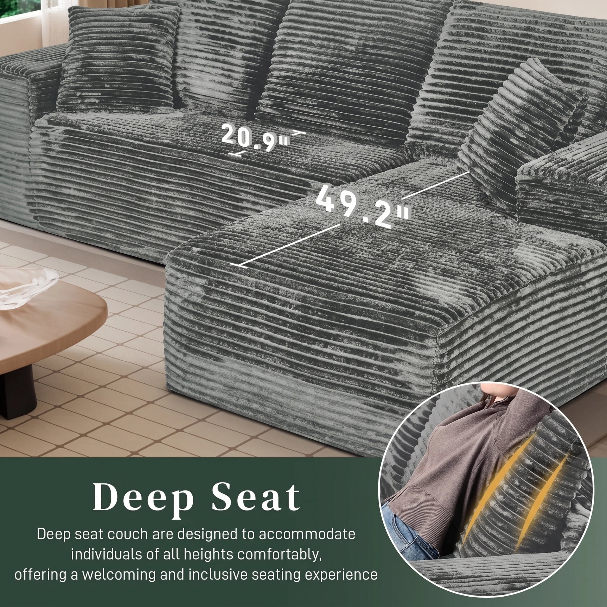 AISWORD 107.5" Corduroy Boneless L Shaped Modular Sectional Sofa with Right Facing Chaise, Deep Seat Compressed Couch with Throw Pillows, No Assembly Required, Gray