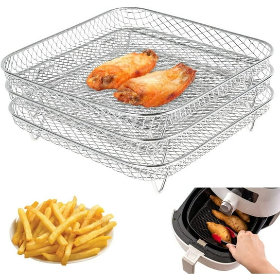 LQQBOX 8 Inch Stackable Square Air Fryer Rack Set of 3, Multi-Layer Stainless Steel Dehydrator Rack, Air Fryer Accessories