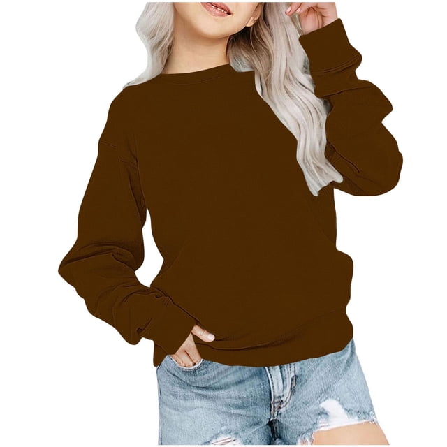 Sudadera Meitianfacai para niñas pequeñas y grandes, informal, de color liso, con cuello redondo, manga larga, estilo túnica, entallada, para otoño, para niñas de 9 a 10 años.