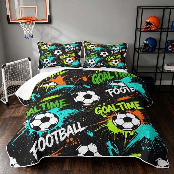 Manfei Cartoon Soccer Twin Quilt Set, Sport Goal Time Football Print Twin Coverlet Set, Black Neon Green, Black Reversible 2 Pieces, 1 Bedspread and 1 Pillowcase