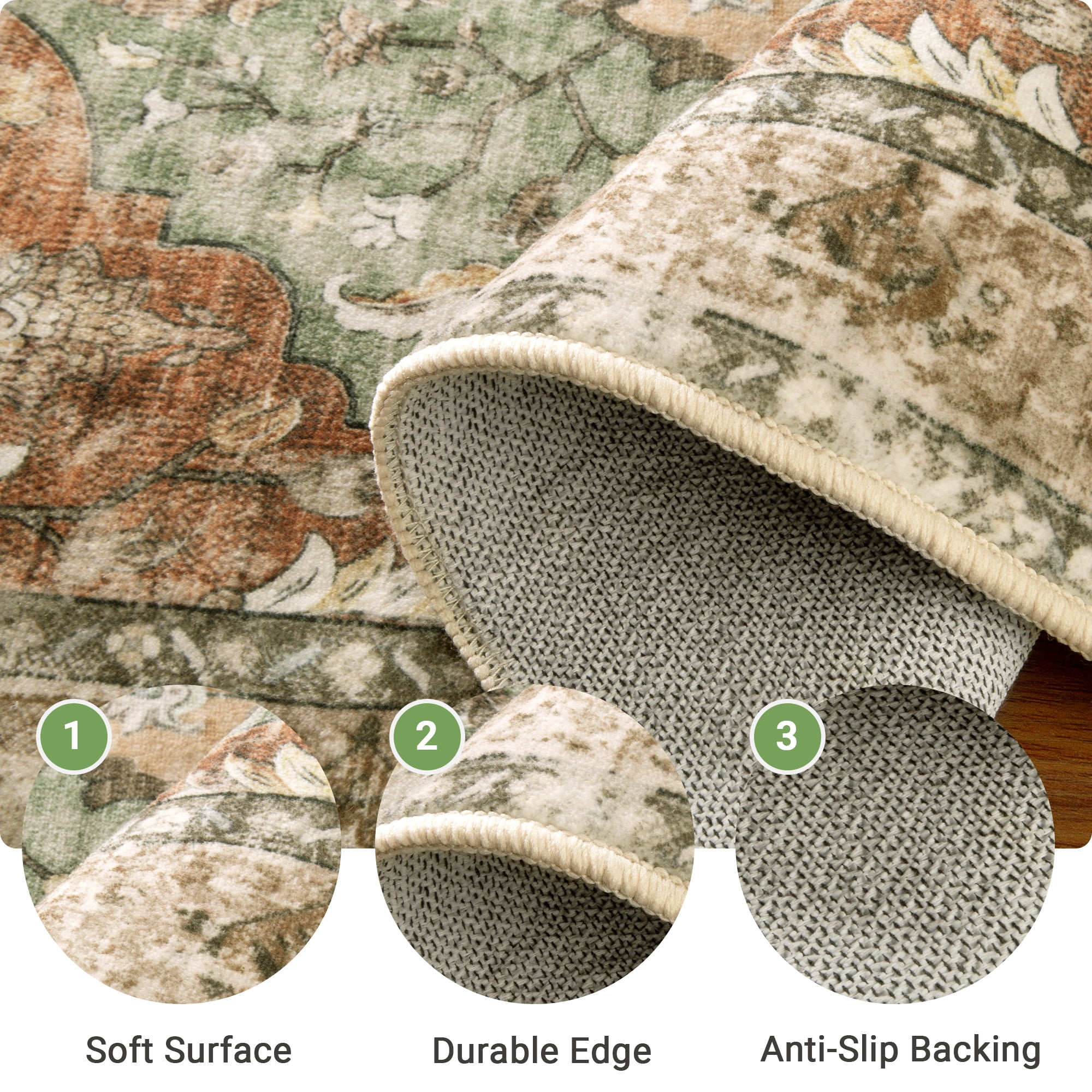 NewBuros 8'x10' Washable Area Rug for Living Room, Non Slip Vintage Distress Print Pattern Floral Rug, Soft Low Pile Indoor Carpet for Bedroom Dining Room, Brick Red Green