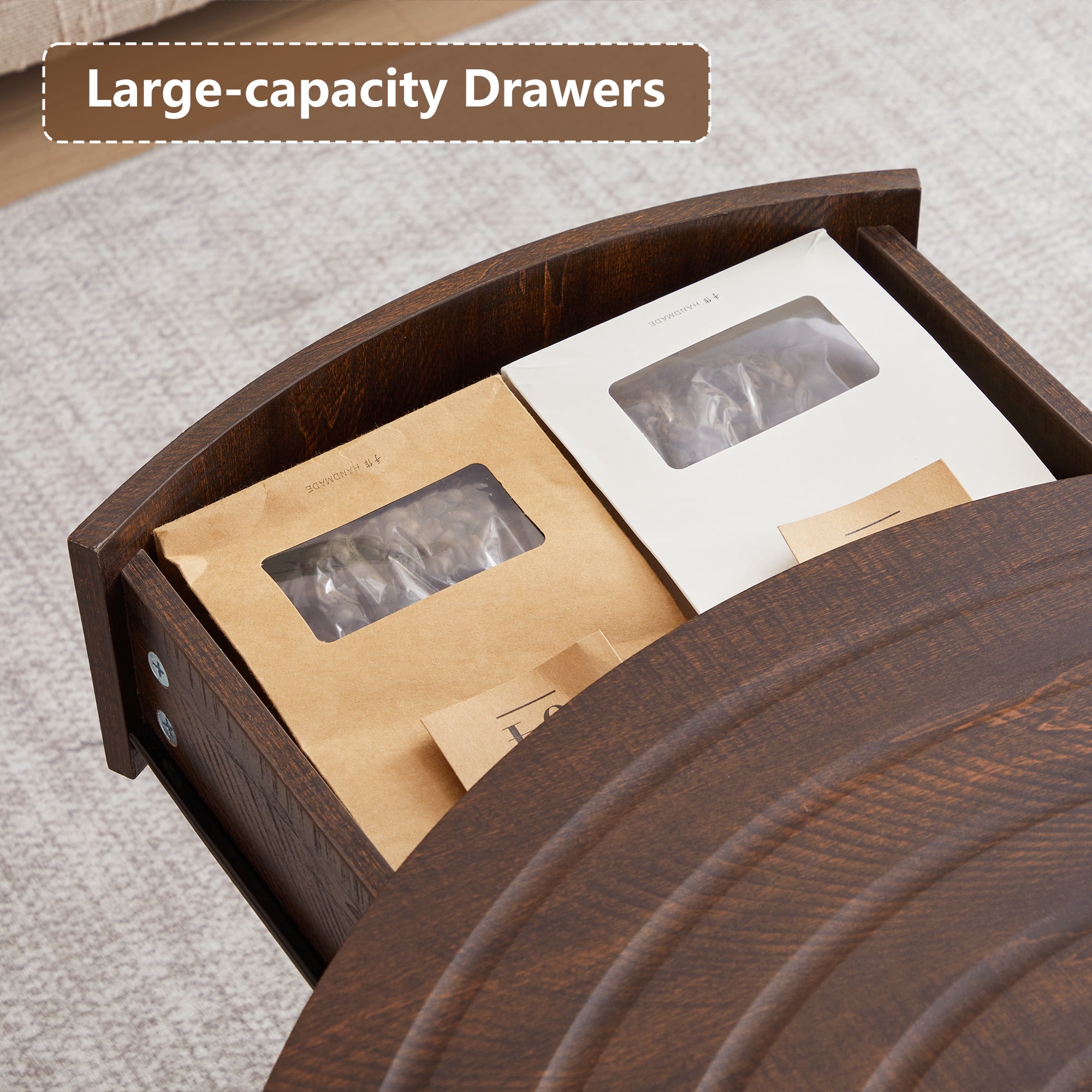 Wirrytor 30" Round Coffee Table with 2 Drawers and Storage Shelf, Modern Farmhouse Tea Table with Natural Tree Rings Top, Dark Brown
