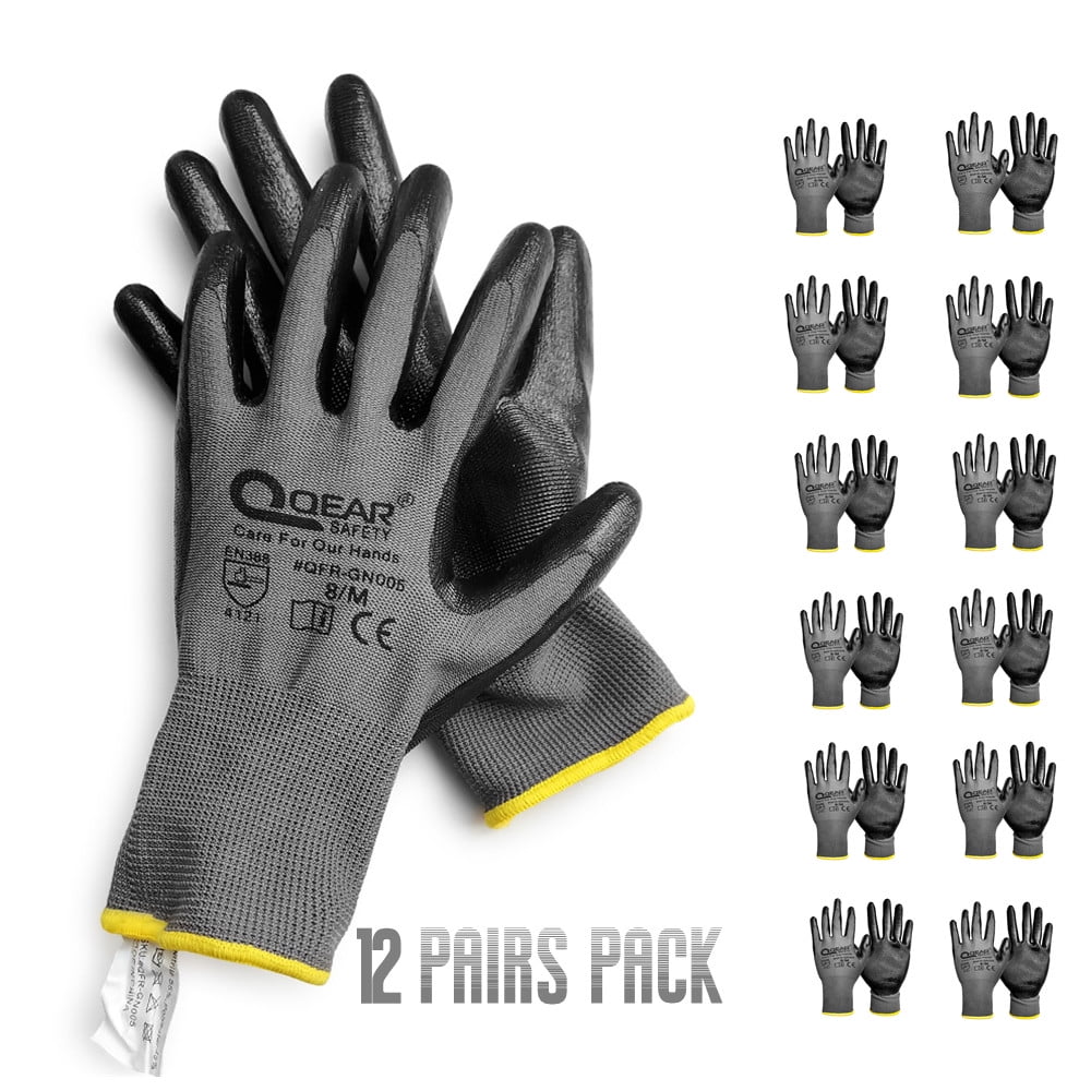 12 pairs Pack QEAR Nitrile Rubber Palm Coated Work Safety Gloves