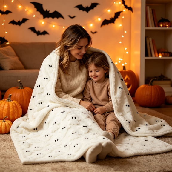 Halloween Blanket White Ghost Throw Blanket,Thick Soft Plush Cute Spooky Holiday Plush Blankets for Halloween Home Bed Sofa Couch Chair