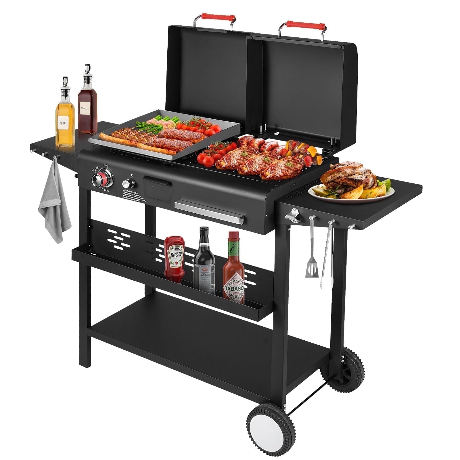 Frizi Charcoal and Gas Grill Combo with Black Dual Lids, Dual Fuel Propane Gas Grill with 2 Side Shelves for Outdoor Backyard Barbecue Cooking