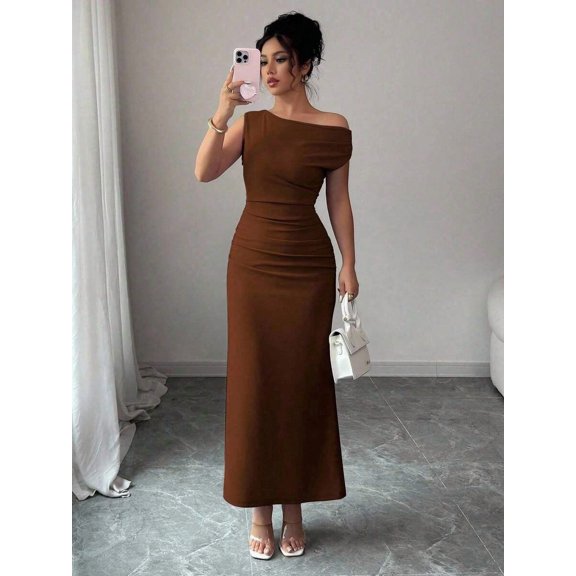 Coffee Off-The-Shoulder Waist-Cinched Bodycon Maxi Dress For Women