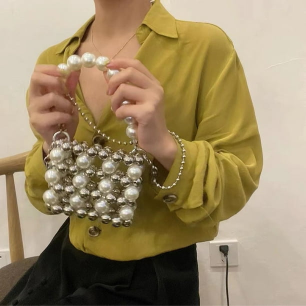 Bolso de hombro con cuentas de perlas hecho a mano para Ehuebsd mujer Mini bolso con cadena Vintage bolso de moda decoración de moda