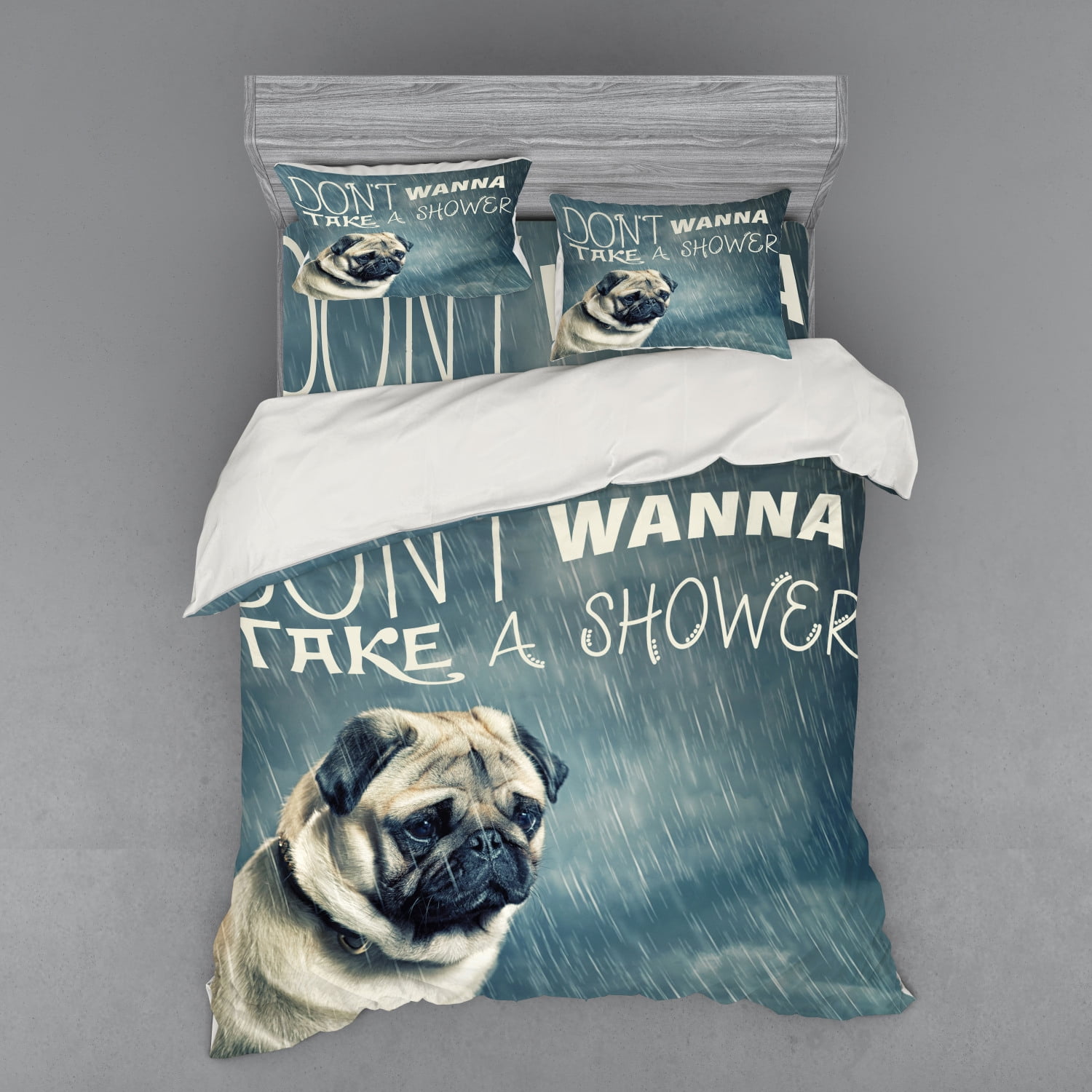 Funny Duvet Cover Set, Don't Wanna Take a Shower Lettering with Rain