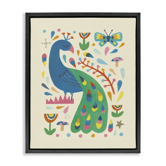 Stupell Industries Pretty Peacock Patterns Animals Painting Black Floater Framed Canvas Art Print Wall Art, 17 x 21