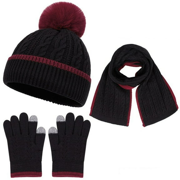 Yuanlong Kids 3 Pcs Sets Winter Scarf Pom Beanie Hat Touchscreen Gloves Cable Knitted Suits Children Thermal Cap 3 In 1 Set