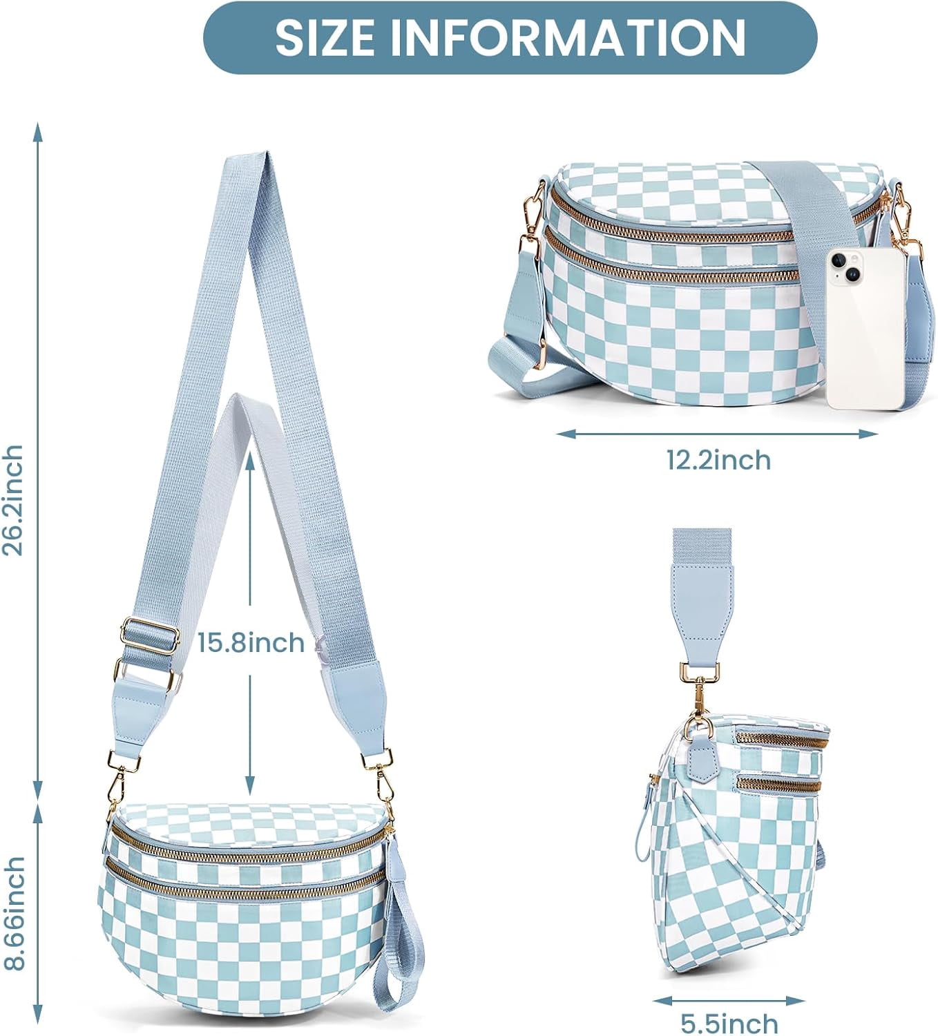Checkered Crossbody Bag,Spacious Bum Bags for Women Nylon Crossbody Fanny Packs Checkered Purse Belt Wallet
