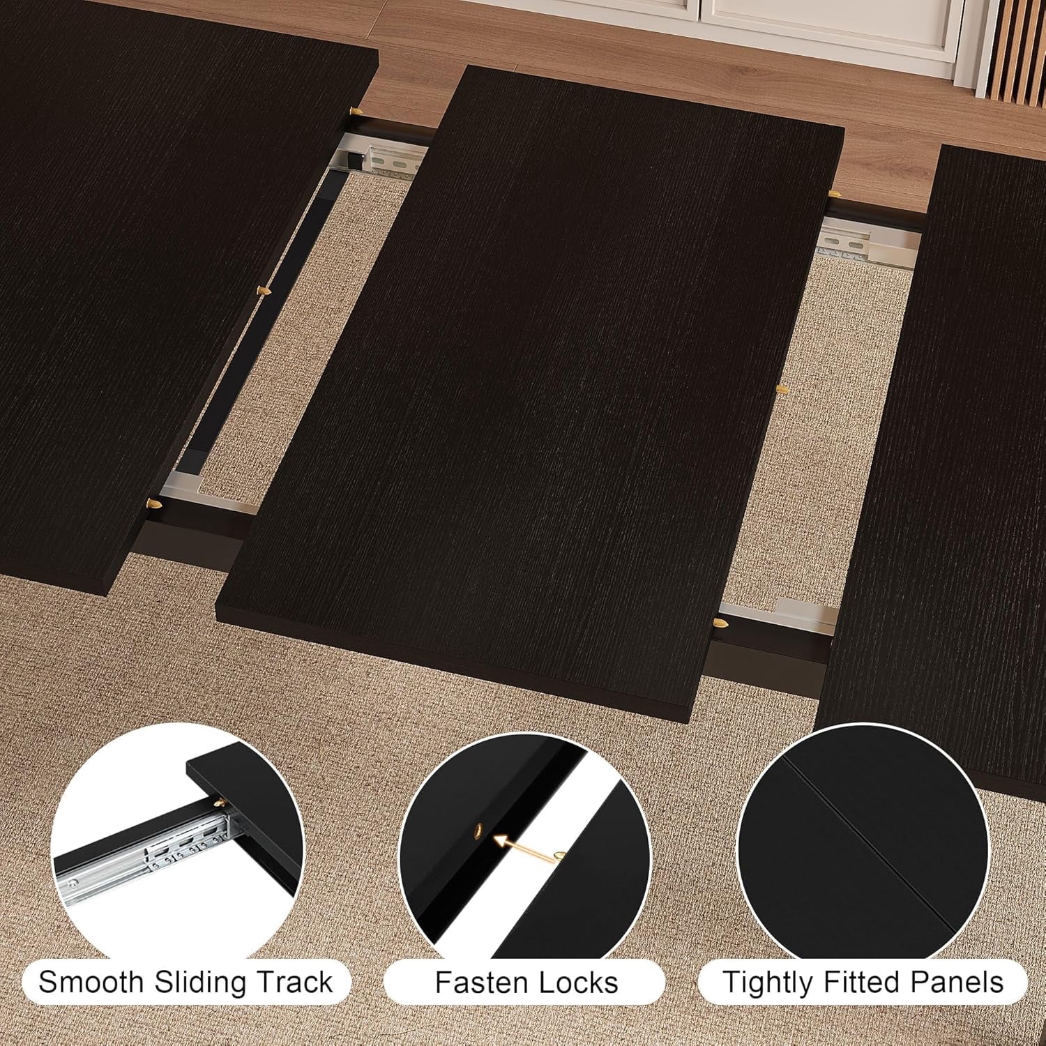 Honfach 63" Extendable Dining Table for 4-8, Square Wooden Dining Room Table with Metal Base, Modern Extendable Table for e for Small Kitchens, Dining Office Areas, Black