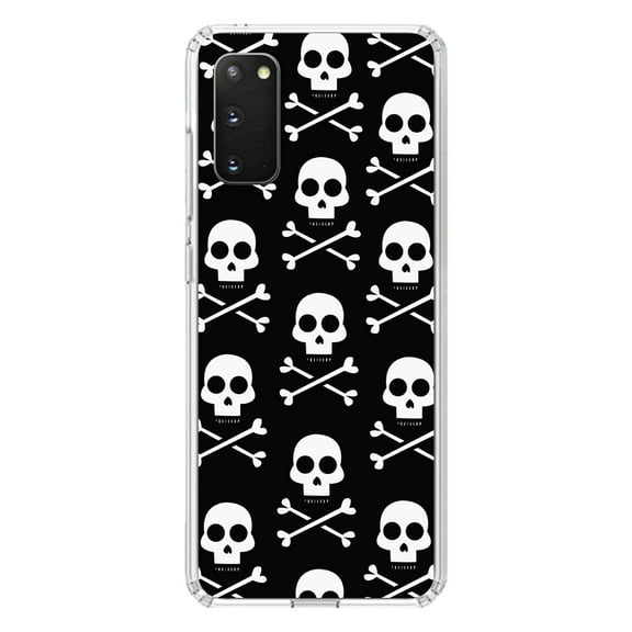 DistinctInk Clear Shockproof Hybrid Case for Galaxy S20 ULTRA / 5G (6.9" Screen) - TPU Bumper, Acrylic Back, Tempered Glass Screen Protector - Black White Skulls Pattern