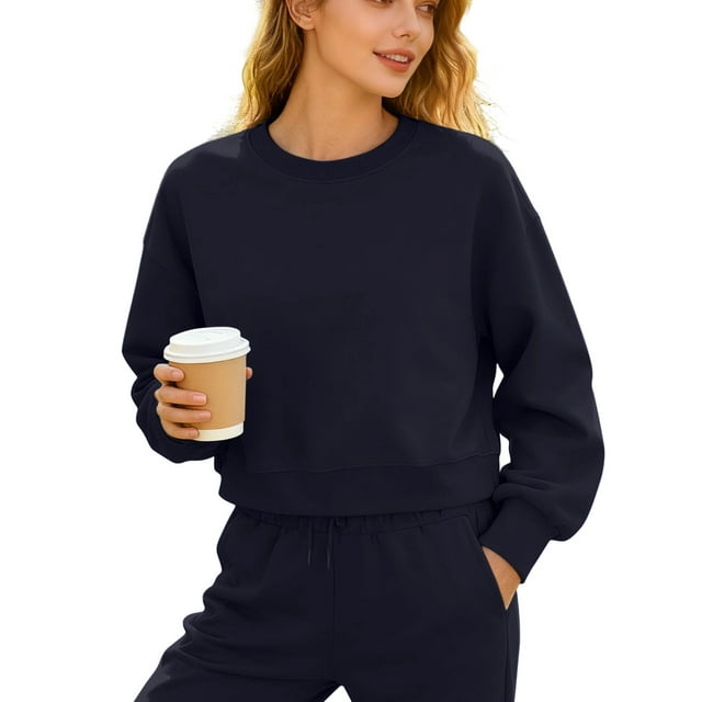 HAiming Oversize Cropped Sweatshirt Casual Long Sleeve Crew Neck Pullover Tops Solid Color Trendy Clothes