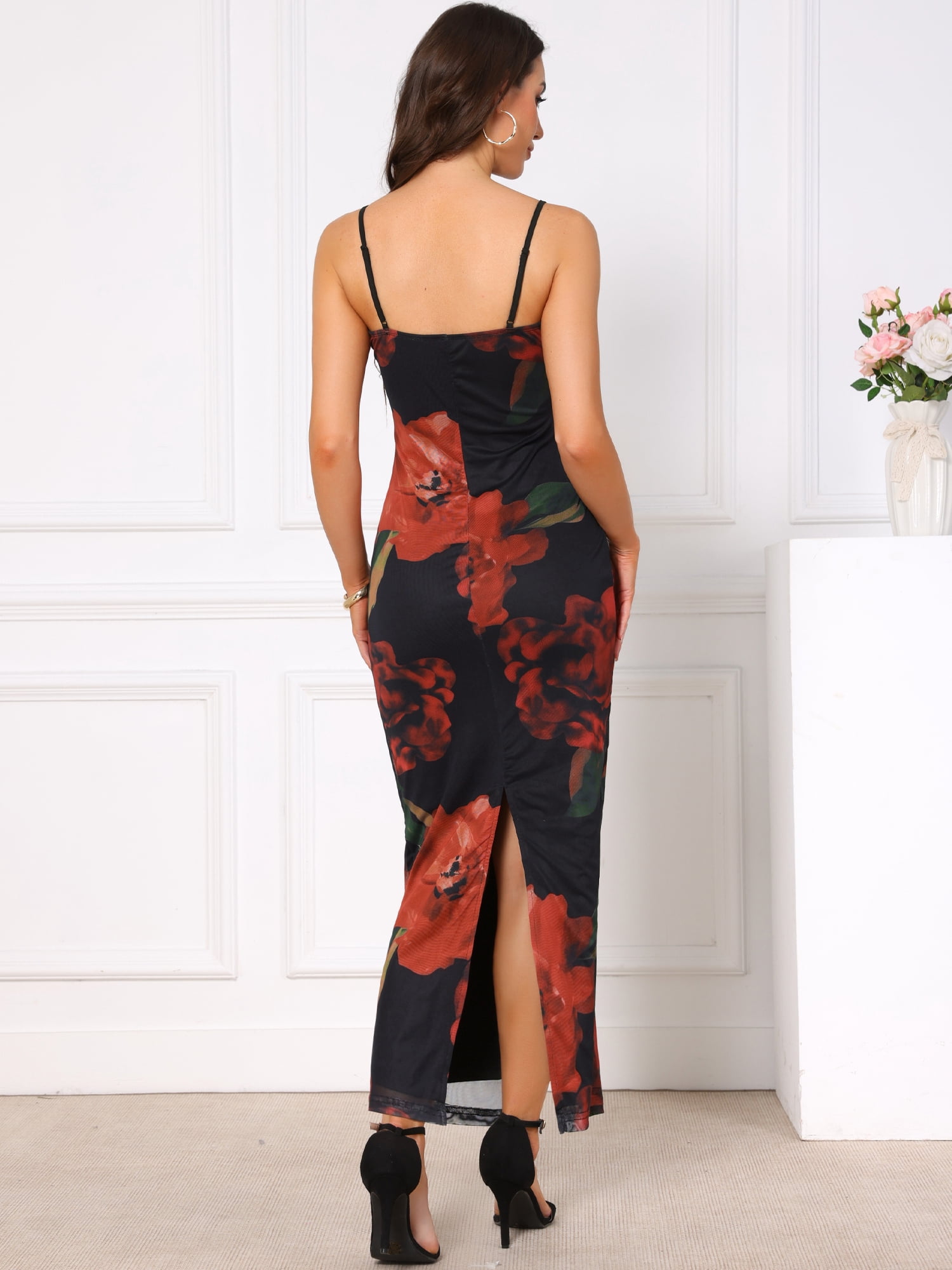 DARING DIVA Women's Floral Sleeveless Spaghetti Strap Mesh Maxi Dress S Black