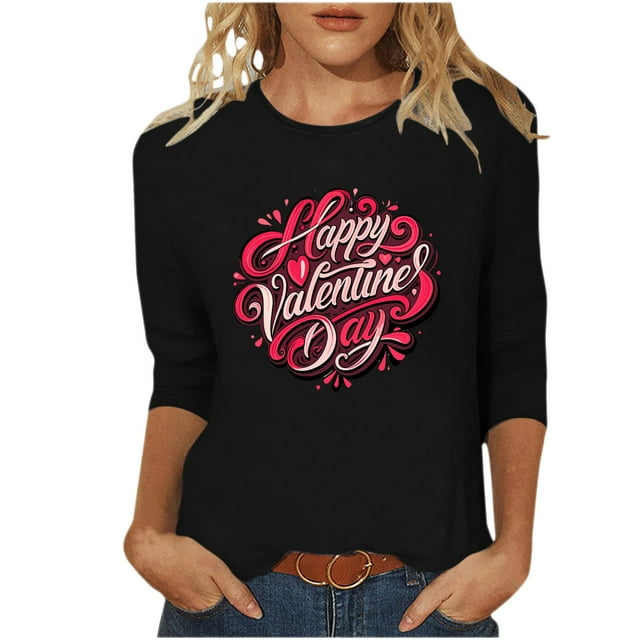 FMFYFH Hauts de la Saint-Valentin à Manches 3/4 pour Femmes, T-Shirts à Col Rond, Tunique Ample Décontractée