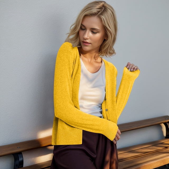 GDREDA Womens 2025 Wool Blended Ribbed Cardigan Lightweight Long Sleeve Sweater Fall Fashion Button Down Knit Top Yellow,XXL