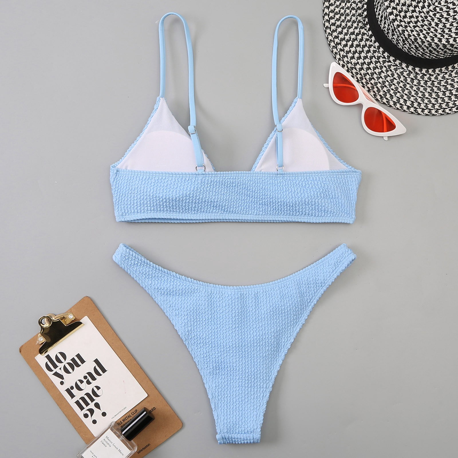Cathalem Dissolving Bikini Women Two Piece Swimsuit Swimwear Halter String Triangle Bikini Sets Strap Bikini Top Push up Swimwear Blue Large