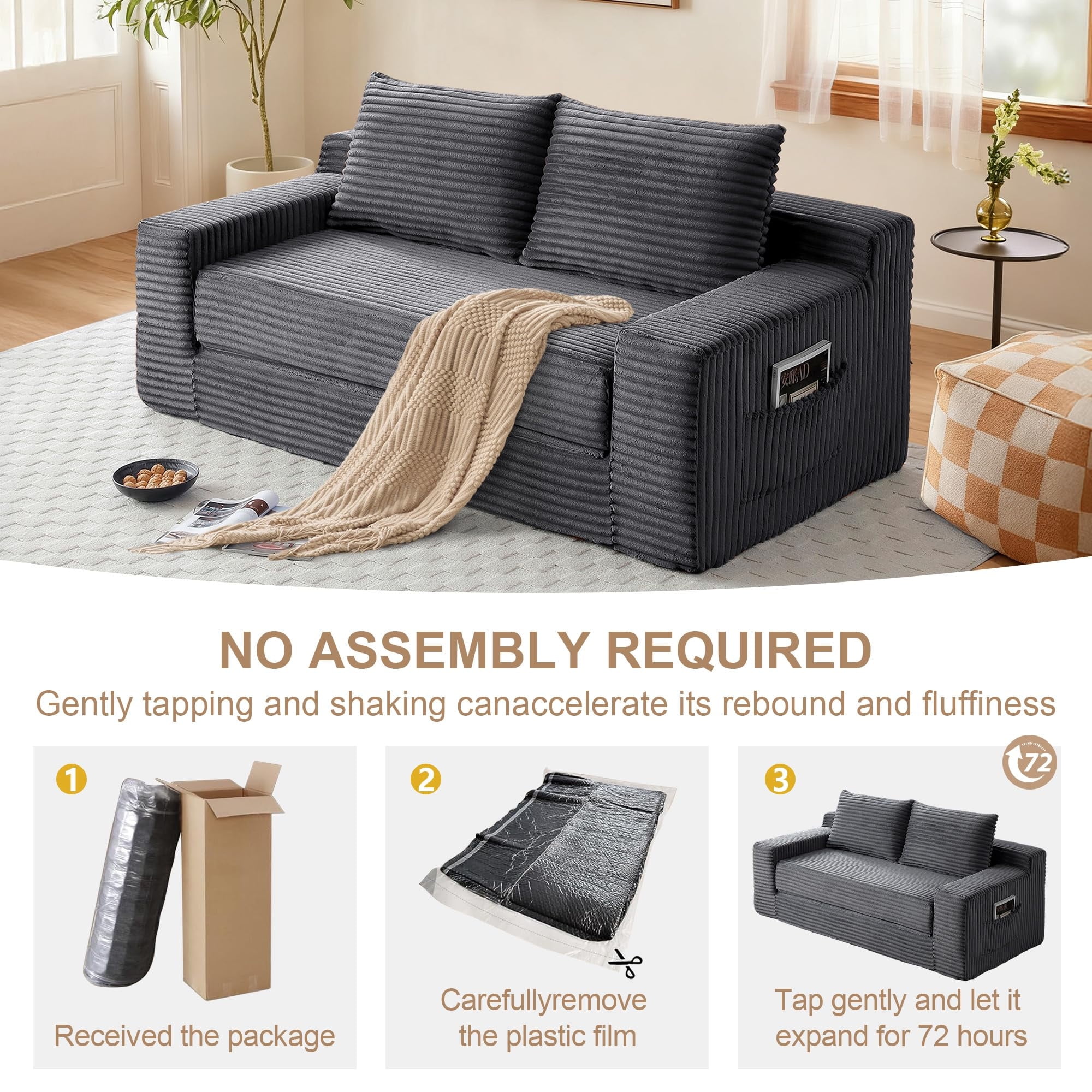 Aukfa 73" Chaise Futon Convertible Sofa Bed Boneless Couch, 2 Pillows&Side Pockets, Queen Size, Corduroy, Gray