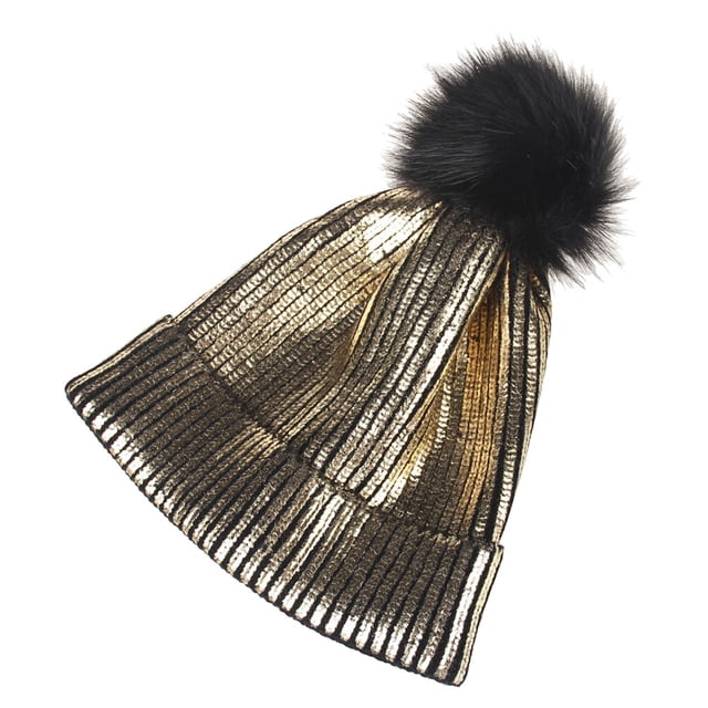 Invierno y otoño Chic Beanie Metallic Shiny Beanie Skull Pom Pom Sombreros Gorra para mujer (dorado)