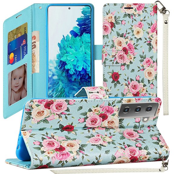 Bemz Pocket Wallet Case for Samsung Galaxy S21 (With Touch Tool) - Sky Blue Floral