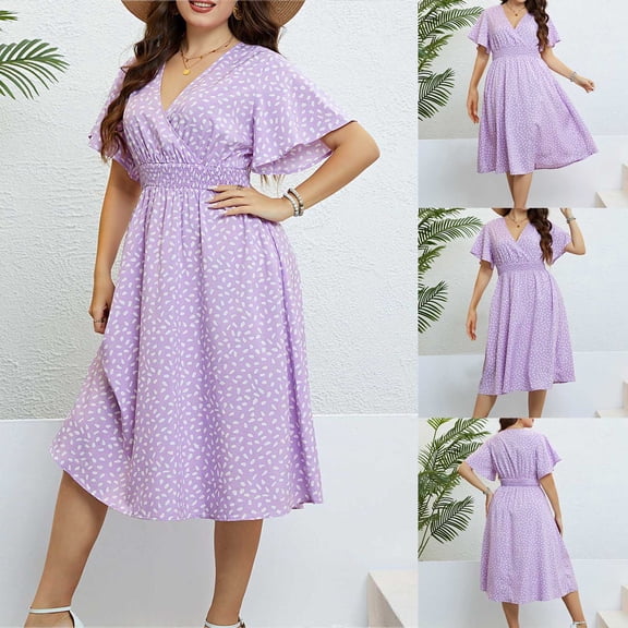 Antinious Summer Beach Dresses for Women,Women Oversize Summer Casual Short Sleeve V Neck Printed Sleeve Dresses Loose Dress,Purple,XXXXL