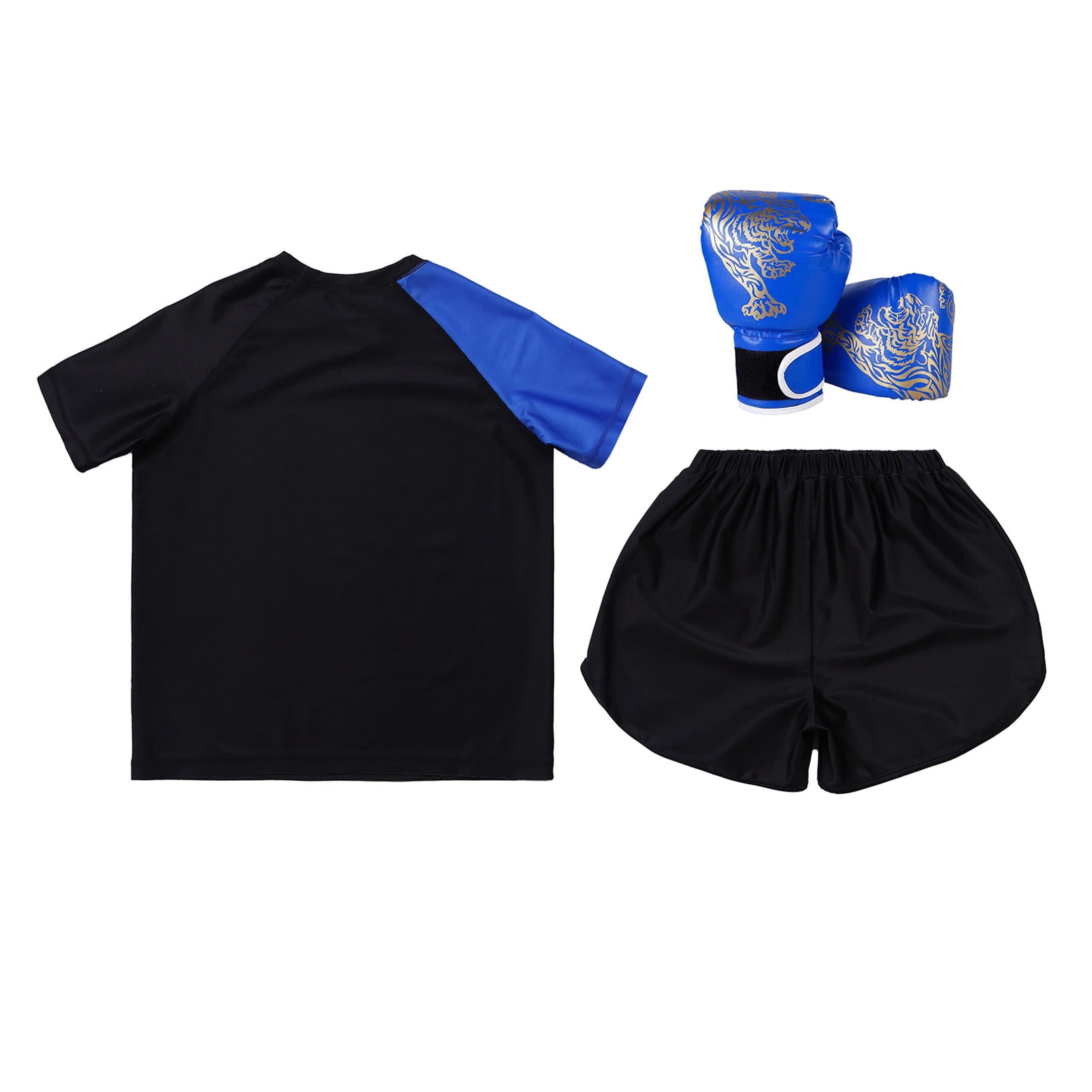 Hansber Kids Boxing Outfit Kick Boxing Uniform Athletic T-Shirt Top with Muay Thai Shorts Trunks Boxing Gloves Set Blue 8