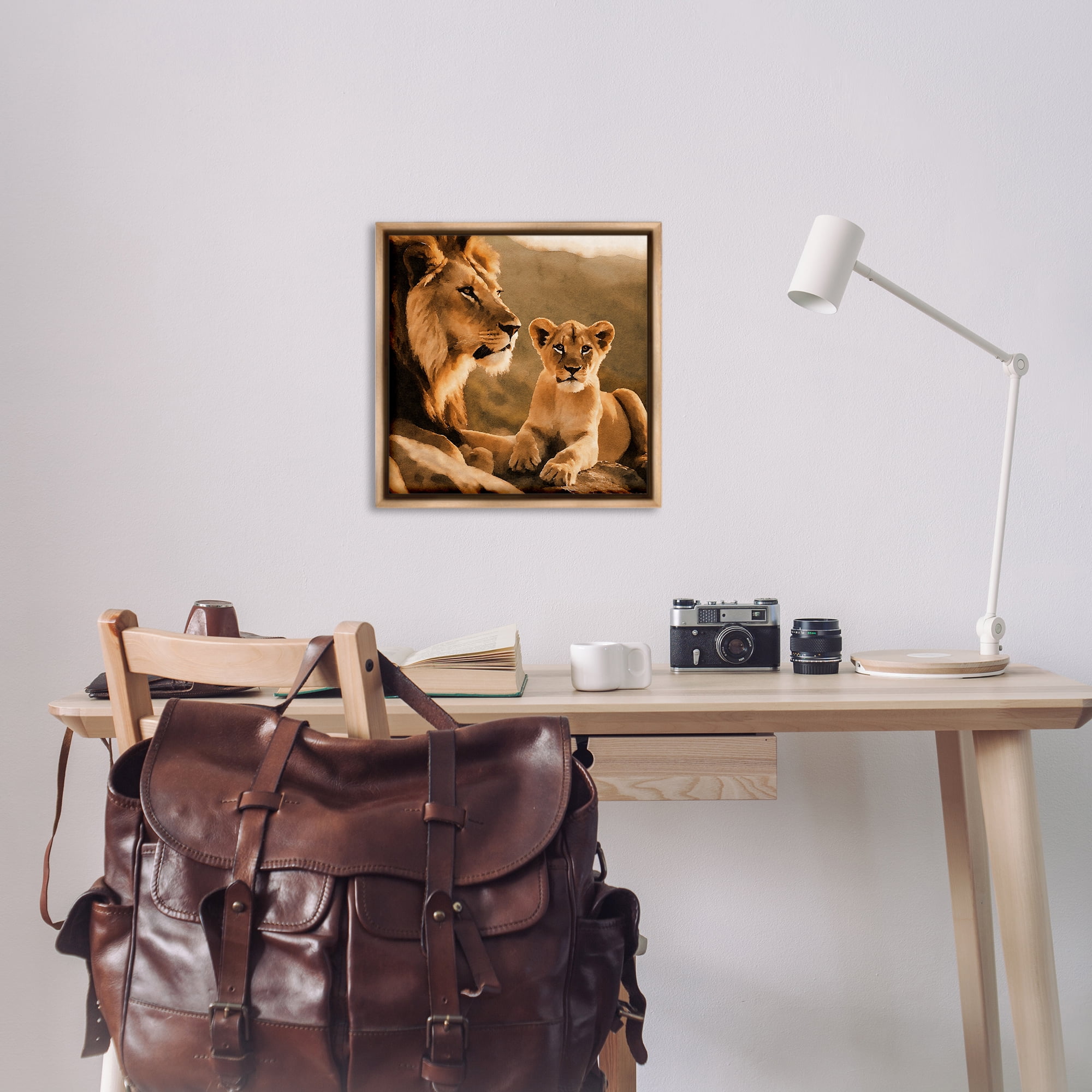 Stupell Industries Lion & Cub Portrait Animals Painting Brown Floater Framed Canvas Art Print Wall Art, 25 x 25