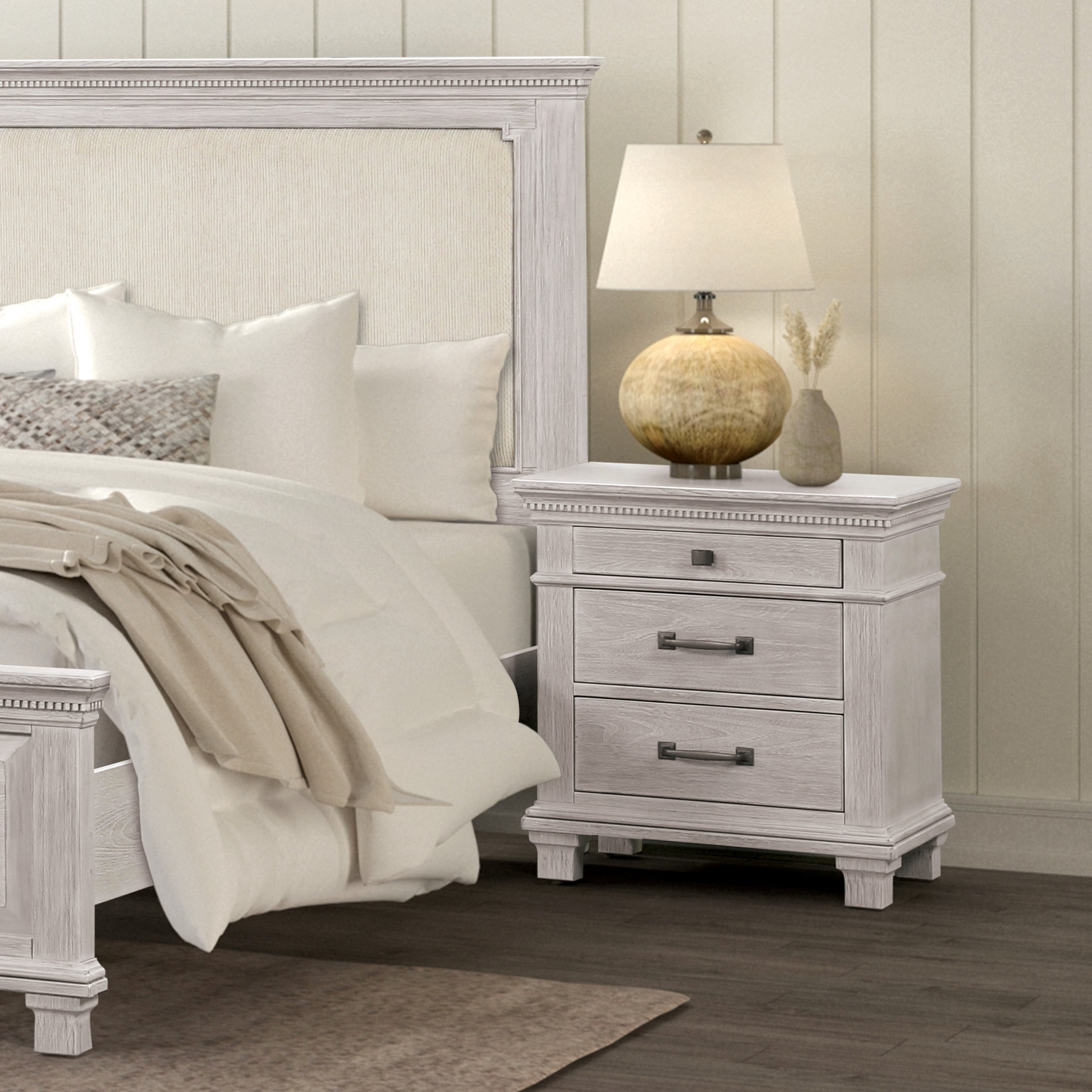 Furniture of America Elandra Transitional 3-Drawer Solid Wood Adult Nightstand, Weathered Gray