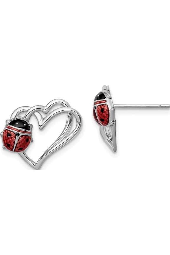 Sterling Silver Rhodium-Plated Heart With Enameled Ladybug Post Earrings (14 X 15) Made In Turkey qe9589