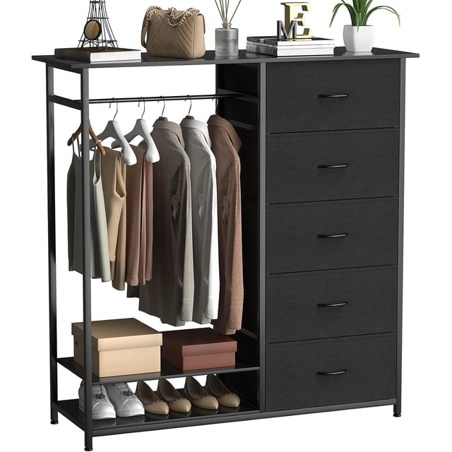 Armario para construir con cajones de tela, mueble para guardar ropa con barra para colgar y estante inferior, armario, compacto, apto para dormitorio, 118x40x119 cm, negro,Blanco