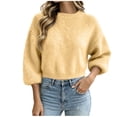 thumbnail image 2 of thefmos Women's Round Neck Long Sleeve Sweater Cropped Fuzzy Solid Color Casual Knit Top Fashion Fall Winter Clothes, Yellow L, 2 of 6