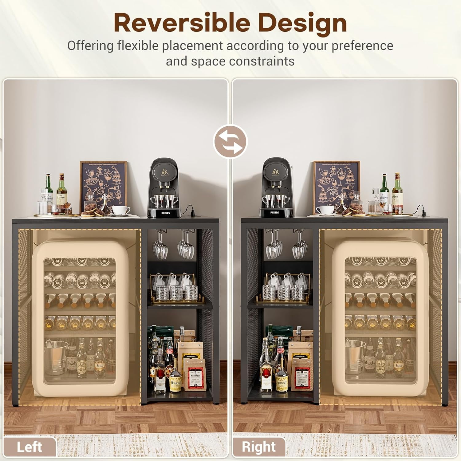 Homieasy Small Bar Cabinet with Mini Fridge Space, Coffee Bar Microwave Stand with Power Outlet, Bar Stand with Glass Holder for Kitchen, Dining, Black