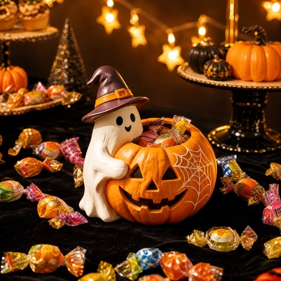 Halloween Ghost Candy Bowl, Cute Resin Ghost Statue with Pumpkin Witch Hat, Trick Or Treat Candy Storage for Halloween Party Table and Home Decor