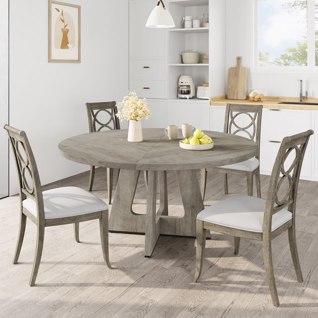 Round Dining Table for 4, 47.2'' Wood Dining Room Table with Adjustable Legs, Farmhouse Dinner Table, Circle Kitchen Tables for Home Kitchen Living Room(Grey)