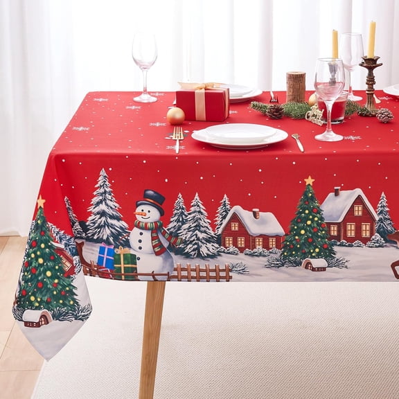 Christmas Tablecloths Rectanglar Winter Snowman Farmhouse Christmas Tree Table Cloth- 60 x 84 Oblong Polyester Red Xmas Table Cover Washable Waterproof for Holiday Decoration Party Kitchen Dining