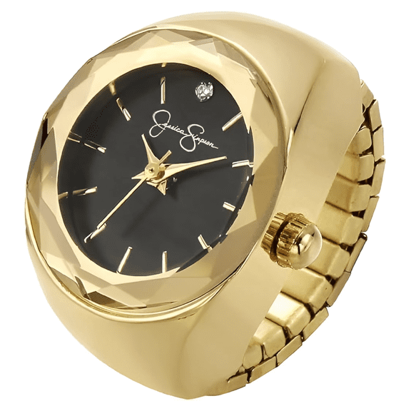Gold Ring Watch for Women – Adjustable Stretch Band Finger Watch with Crystal Dial, Mini Analog Quartz Watch Ring, Fashion Jewelry Timepiece