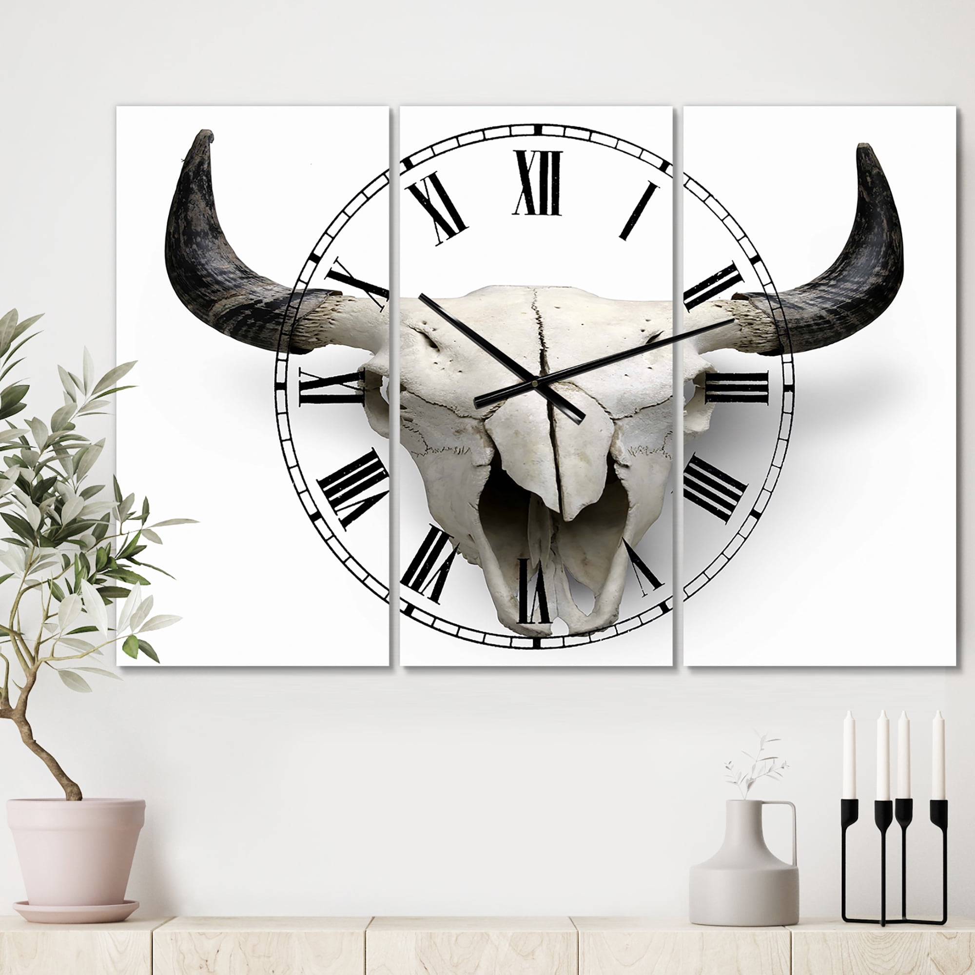 Designart 'White Cow Skull With Black Horns' Oversized Farmhouse Wall Clock