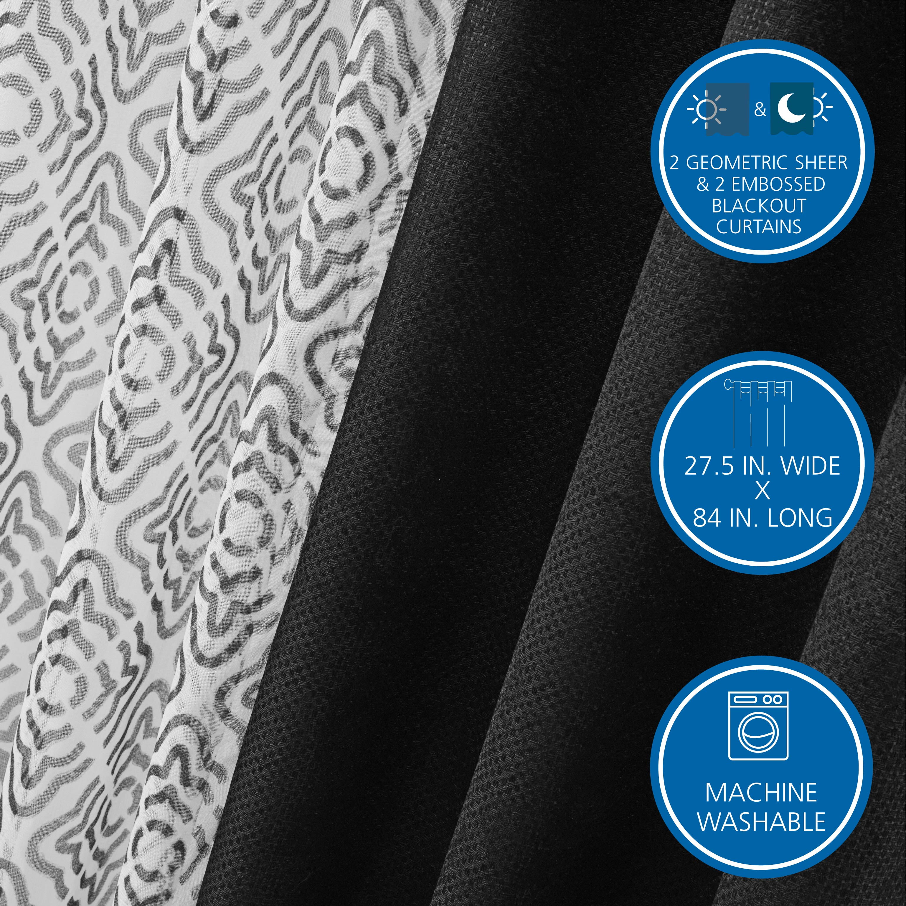 (2 pack) Mainstays Metallic Blackout Curtains and Sheers Set, 4 Panels, Black, 27.5" W x 84” L