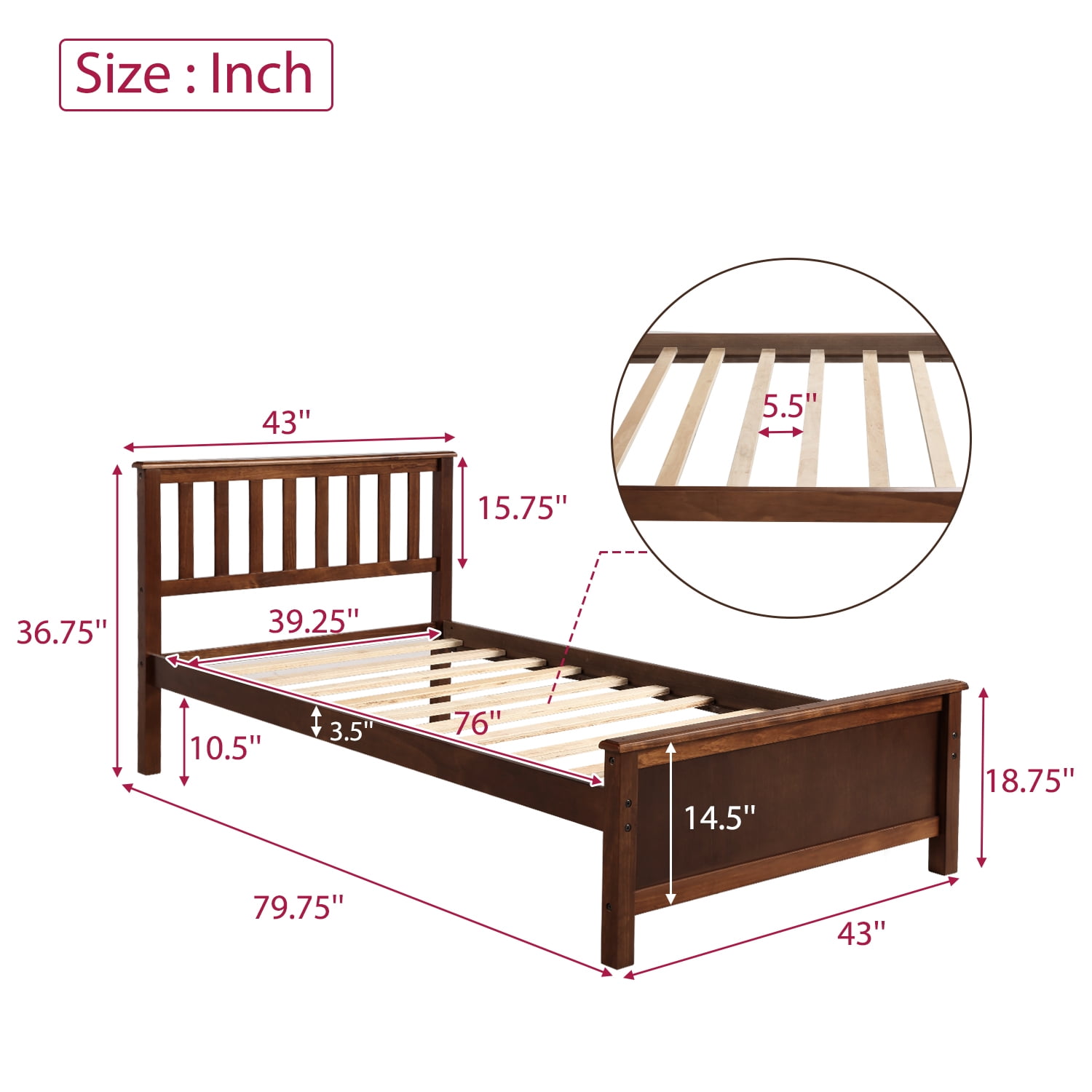 Gewnee Twin Size Wood Platform Bed with Headboard,Footboard and Wood Slat Support for Kids,Walnut
