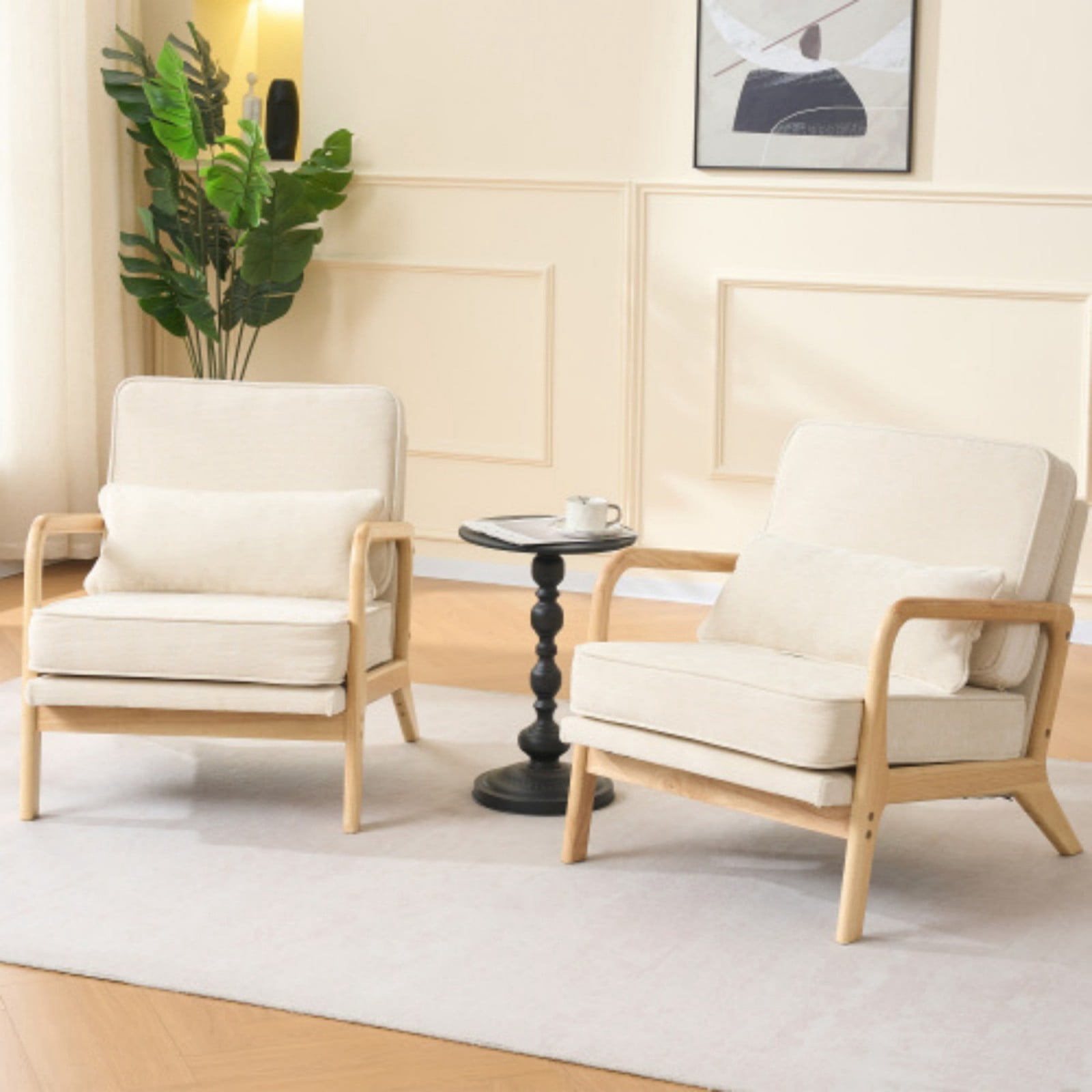 Mid-Century Modern Lounge Chair Single Upholstered Accent Chair with Curved Wood Armrests & Lumbar Cushion, Living Room Bedroom Reading Armchair Indoor, Beige