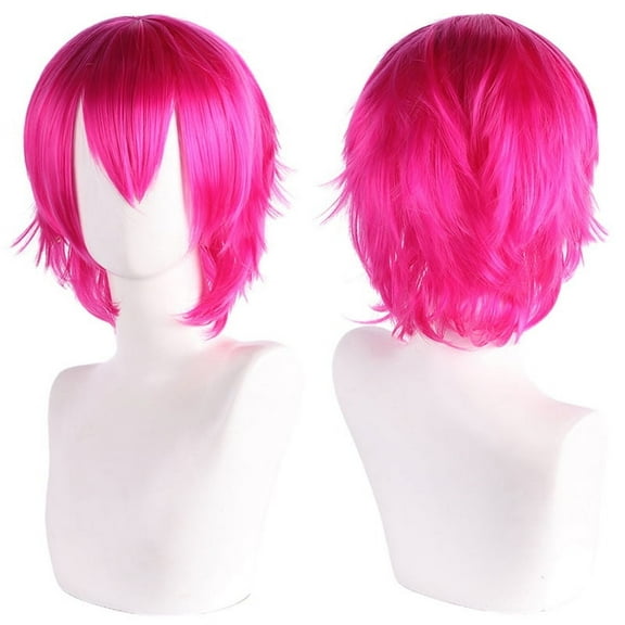 XmhyTop Unisex Short Anime-Style Cosplay Wig, Fluffy Layered Heat-Resistant Synthetic Hair, with Bangs, Ideal for Costume Parties, Prom & Themed Events，Rose