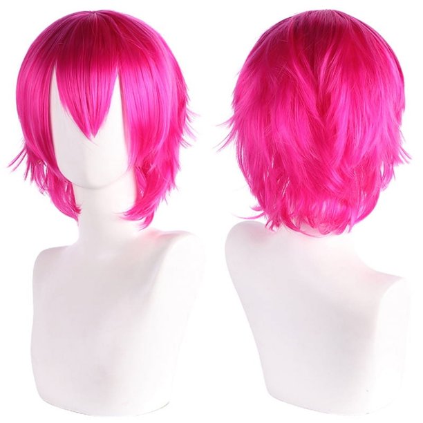 Zhuge Peluca de pelo corto unisex de anime, peluca de anime con capas esponjosas, peluca sintética resistente al calor para disfraz de fiesta de graduación con flequillo, rosa